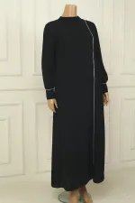 Robe longue en crêpe grande taille pour femme, avec manches zippées, ornements de pierres et fermeture à nouer sur le côté