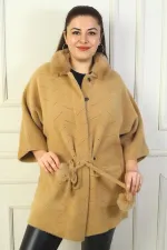 Cardigan en acrylique grande taille pour femme, col en fourrure amovible, boutons-pression sur le devant, poche kangourou, taille nouée