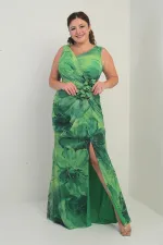 Women's Front and Back V-Neck Lined Draped Front 3D Floral Pattern Plus Size Tulle Long Dress