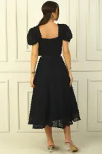 Balloon Sleeve Midi Length Lined Waist Belted Patchwork Fabric Dress