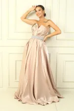 Women's Strapless Back Lace-Up Belted Embellished Lined Pleated Satin Full Circle Flared Dress