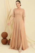 Robe longue en tissu dahlia pailleté à motif araignée, manches courtes ballon, devant et dos, col en V