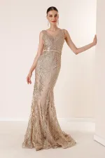 V-Neck Lined Glittery Flock Print Long Dress