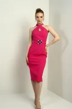 Kadın Taşlı Çapraz Yaka Beli Kemerli Midi Krep Elbise