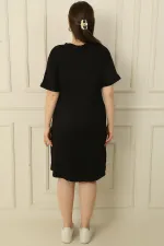 V Yaka Cepleri Taşlı Büyük Beden Viskon Elbise