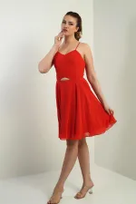 Women's Strappy, Back-Tie, Front-Opening, Lined Chiffon Short Flared Dress