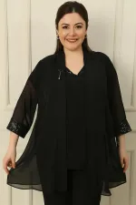 Ensemble 2 pièces grande taille : chemisier sans manches à sequins et col en V, veste en mousseline à détails bronzés et poignets à sequins.