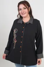 Kadın Önü Nakış İşlemeli Kot Aplikeli Büyük Beden Lyocell Gömlek
