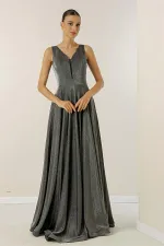 V Yaka Hayal Tüllü Simli Astarlı Abiye Elbise