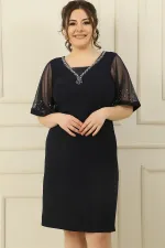 Plus Size Dress with Stone Embellishment on Collar and Sleeves and Lining