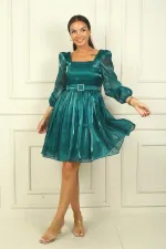 Women's Square Neck Long Sleeve Belted Pleated Organza Short Dress