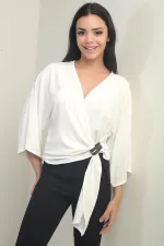 Kadın Kruvaze Yaka Kısa Ayrobin Bluz