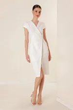 Kruvaze Yaka Yarım Ay Kollu Taş Detaylı Önü Yırtmaçlı Elbise