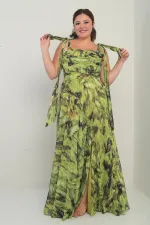 Robe longue en crêpe mousseline à motif de feuilles, grande taille, col en V, épaules dénudées, bretelles nouées, doublée