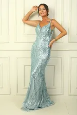 Women's Strappy Beaded and Sequined Shawl Patterned Lined Wide-Size Long Fishtail Dress