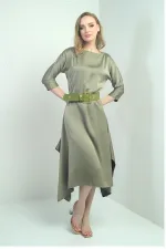 Women's Quarter Sleeve Asymmetrical Crepe Satin Midi Dress with Belted Waist