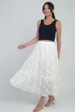 Kadın Beli Lastikli Astarlı Gül Desenli Tül Etek