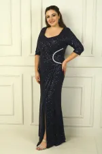 Truvakar Kol Astarlı Önü Drapeli Pulpayet Büyük Beden Uzun Elbise