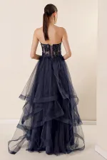 Beaded Top Transparent Layered Tulle Taffeta Long Evening Dress
