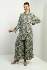 Kadın Yanları Yırtmaçlı Tunik Gömlek Beli Lastikli Cepli Palazzo Pantolon Yaprak Desenli Oversize 2'li Takım