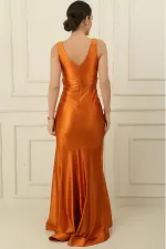 Robe longue en satin, drapée, à volants, doublée, taille large