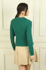 Kadın Polo V Yaka Düğüm Detaylı Likralı Bluz