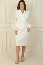 Kadın Kruvaze Yaka Kollar Şifon Boncuk Detaylı Büyük Beden Elbise