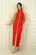 Robe longue en crêpe à col halter pour femme, fendue sur le devant et ornée d'une pierre centrale