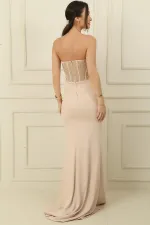 Women's Long Dress with Beaded Embellishment, Underwired, Transparent, Ruffled Front, and Slit, Lined.