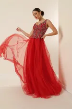 Ön Arka V Yaka Üstü Boncuklu Astarlı Uzun Tül Elbise