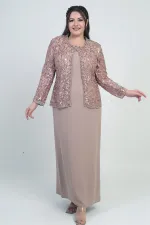 Ensemble 2 pièces pour femme, comprenant une veste en tulle ornée de sequins et de perles, une robe longue à manches demi-lune en crêpe doublée et un pantalon grande taille.