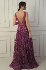 Kadın Ön Arka V Yaka Göğüs Pliseli Arkadan Bağcıklı Astarlı Sim Flok Baskı Uzun Abiye Elbise