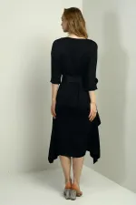 Kadın Çeyrek Kollu Beli Kemerli Asimetrik Krep Saten Midi Elbise