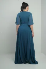 Kadın V Yaka Beli Taşlı Drapeli Astarlı Büyük Beden Uzun Şifon Elbise