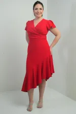 Kadın Kruvaze Yaka Önü Drapeli Astarlı Eteği Volanlı Büyük Beden Krep Elbise