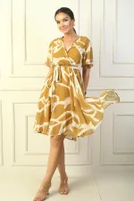 Robe courte en mousseline à motif abstrait, col cache-cœur, manches à volants, doublée et ceinturée à la taille