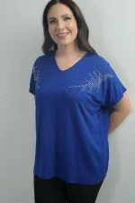 Women's Shoulder Stone Print V-Neck Batwing Sleeve BB Blouse