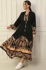 Long, half-buttoned, elasticated sleeve, printed modest dress.