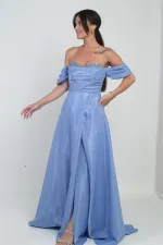 Kadın Parlak Taş Detaylı Straplez Düşük Kollu Organze Uzun Elbise