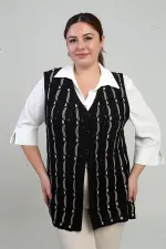Kadın Önü Düğmeli Ajurlu Büyük Beden Triko Yelek