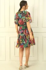 Fresh Pattern Chiffon Short Dress with Double Breasted Collar, Flounce Sleeves, Lined Waist Belt