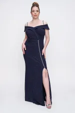 Taşlı İp Askılı Önü Yırtmaçlı Astarlı Büyük Beden Uzun Elbise