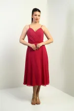 Women's Strappy Wrap Neckline Lined Lace-Up Back Flared Chiffon Dress