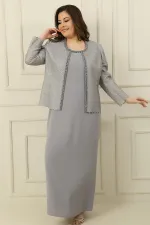 Robe longue en crêpe avec col et doublure ornés, veste à sequins, ensemble 2 pièces grande taille