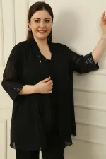 Ensemble 2 pièces grande taille : chemisier sans manches à sequins et col en V, veste en mousseline à détails bronzés et poignets à sequins.