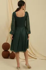 Square Neck Belted Balloon Sleeve Lined Glittery Dress