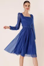 Square Neck, Belted, Balloon Sleeve, Lined, Glittery Dress