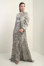 Women's Long Satin Dress with Zebra Pattern and Scarf Detail, Lined