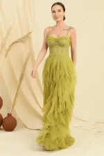 Beaded Strappy Strapless Handkerchief Dress with Fringed Lining and Long Tulle