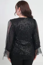 Kadın V Yaka Kolları Organze Pulpayet Büyük Beden Bluz